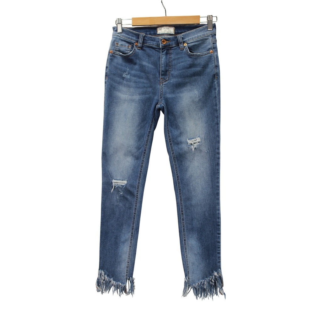Free People Distressed Mid Rise Raw Hem Faded Skinny Jeans Women's Size 26 Denim